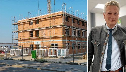Der Bau der Erstaufnahmeeinrichtung für Flüchtlinge an der Wernher-von-Braun-Straße schreitet zügig voran, spielt aber bei der Frage, wann in der Turnhalle des Gymnasiums wieder Sportunterricht stattfinden kann, scheinbar nur eine untergeordnete Rolle. Bruckmühls Bürgermeister Richard Richter baut aber darauf, dass dort in der kommenden Wintersaison wieder Sport getrieben wird. Foto Baumann, re