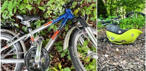 Der Fund dieses Kinderradls und Fahrradhelms im Thanner Holz führte am Sonntag zu einem Großeinsatz der Polizei, der zum Fund der Frauenleiche führte. Das Kind zum Rad wird jedoch bis heute gesucht. Fotos Polizei Bad Aibling