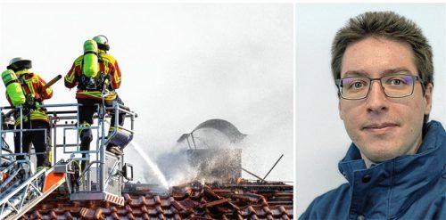 Nico Schieder ist beim THW-Ortsverband Traunreut für die Öffentlichkeitsarbeit zuständig und weiß um die Einsturzgefahr von Brandobjekten und die Aufgaben eines Fachberaters vor Ort. Foto amf/THW-Ortsverband Traunreut (Montage)