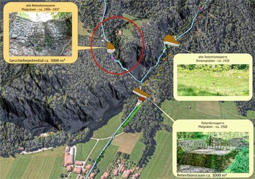 Oberhalb von Flintsbach schützen zwei große Rückhaltebecken und ein Konsolidierungsbauwerk den Ort vor den unberechenbaren Kräften von Mai- und Riesengraben. Foto Wasserwirtschaftsamt Rosenheim