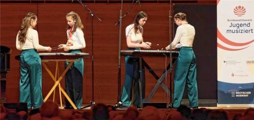 Spielten bei ihrem Auftritt vierhändig an jeweils zwei Hackbrettern: (von links) Maria Eisner, Johanna Kadner, Elisabeth Ebel und Annika Ebel.Foto Ebel