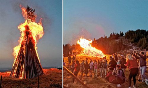 Trotz hoher Waldbrandgefahr brannten die Sonnenwendfeuer in den Bergen. Das größte im Landkreis Rosenheim wird traditionell auf der Kampenwand entfacht. Seit dem gestrigen Sonntag sind Daxenfeuer verboten. Foto Kampenwandseilbahn