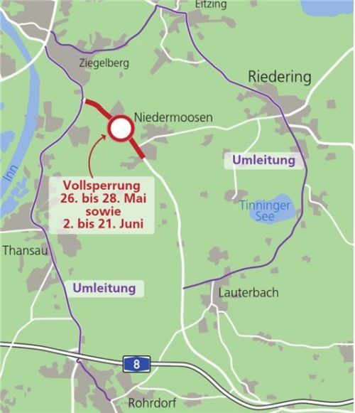 Umgeleitet wird über Rohrdorf und Riedering. Klinger