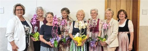 Vorsitzende Mihaela Hammer (von links) beglückwünschte Resi Wylezol (50 Jahre Mitgliedschaft), Barbara Grimmeisen (50), Petronilla Gilg (55), Anneliese Stein (55), Marianne Meishammer (50), Ursula Meishammer (50), Zweite Vorsitzende Christa Unterlinner. Foto Frauengemeinschaft Pang-Aising