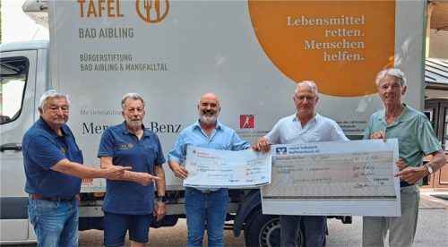 Helmut Preuss und Stefan Stöckel von der Tafel freuen sich über die Spende, die Martin Guggenbichler und Johann Wagenstaller im Beisein von Felix Schwaller, Vorsitzender der Bürgerstiftung, (von links) übergaben. Foto re