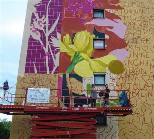 Das Duo „Ciclope“ aus Argentinien bemalt gerade ein Wohnhaus in der Schirmbeckstraße – die Buchstaben sind zur Orientierung an der Wand und werden nach und nach mit bunten Pflanzenmotiven übermalt.Foto Friedrich