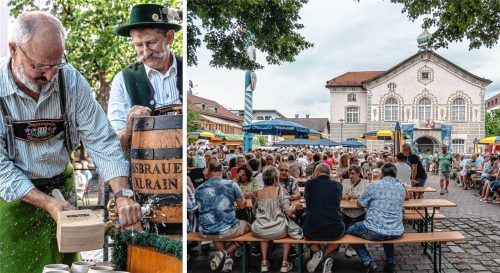Das Kolbermoorer Bürgerfest vor der Stadtsing- und Musikschule ist einer der Höhepunkte im Veranstaltungskalender der Stadt. Peter Kloo (links), hier mit Wast Voit, Vorsitzender des Bürgerfestvereins, wird die Veranstaltung heuer letztmals als Bürgermeister mit dem Anzapfen eröffnen. Foto Thomae