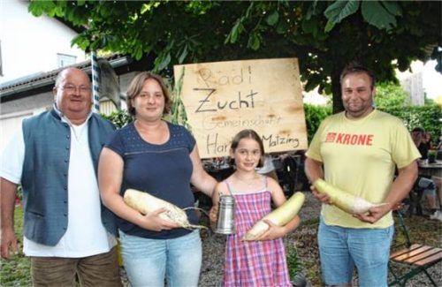 Die Gewinner in der Erwachsenen-Klasse mit ihren Sieger-Radis: (von links) Wettkampfleiter Ludwig Baumgartner senior, Tina Zenz (1803 Gramm), Maria Zenz (2211 Gramm) und Josef Zenz (1753 Gramm). Siegerin Maria Zenz darf den Wanderpokal für ein Jahr behalten und bekam als Siegerin ein Geldkuvert überreicht. Foto  Zandl