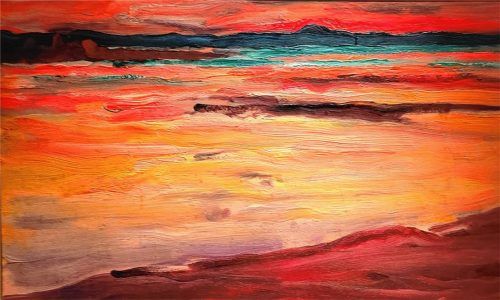 Die „Morgensonne“ taucht den Chiemsee in glühend rote Farben. Giesen