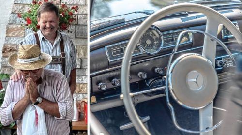 Die Oldtimerfreunde Au-Kematen-Dettendorf sowie die Oldtimerfreunde Miesbach teilen die Leidenschaft für alte Autos (Symbolfoto). Nach altem Brauch bat jetzt der Miesbacher Vorsitzende Erhard Pohl (vorne) sein Pendant aus Bad Feilnbach, Markus Kaffl, um ein besonderes Ja-Wort. Foto IMAGO/Funke Foto Services, privat