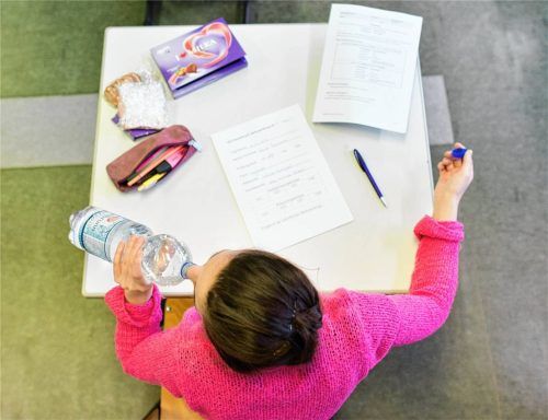 Eine Schülerin sitzt in der Abiturprüfung für das Fach Englisch. Foto dpa
