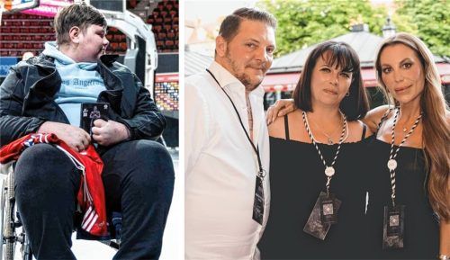 Für Jayden (linkes Bild) kamen kürzlich mehrere prominente Gäste zu einer Spendengala, wie hier Reality-Star Ornella Katharina Hermann (ganz rechts), um mit den Eltern Noah Maximilian und Sissy Lindl zu sprechen. Foto re/Co Minh hoang