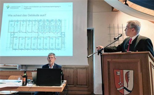 Landrat Otto Lederer (rechts) erklärt den interessierten Bürgern den Grundriss der neuen Unterkunft.Foto rieger