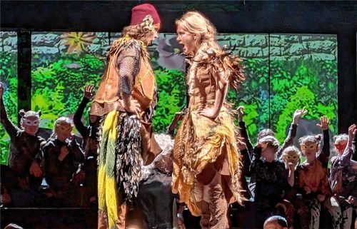 Papageno (Ian Vais) bekommt sein „sanftes Täubchen“ (Papagena: Celina Hubmann). Das Immling Festival zeigt die Zauberflöte für Kinder. Foto Benekam