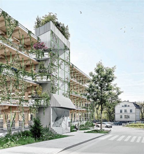 So könnte das Parkhaus in Holzbauweise am Kolbermoorer Bahnhof – hier der Blick auf die Südfassade – am Ende aussehen. Die CSU hatte eine Stahl-Verbundweise ins Spiel gebracht, über die im Stadtrat nun diskutiert wurde. Foto WESTNER SCHÜHRER ZÖHRER ARCHITEKTEN UND STADTPLANER PARTGMBB