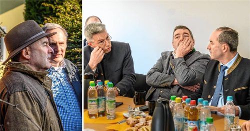 Staatsminister Hubert Aiwanger bei seinem Besuch in Rott im Gespräch mit Spediteur Günther Hein (links) sowie beim Treffen mit dem Rosenheimer Landrat Otto Lederer (Bild rechts, links) und dem Landtagsabgeordneten Sepp Lausch (Bild rechts, Mitte). Foto Klemmer