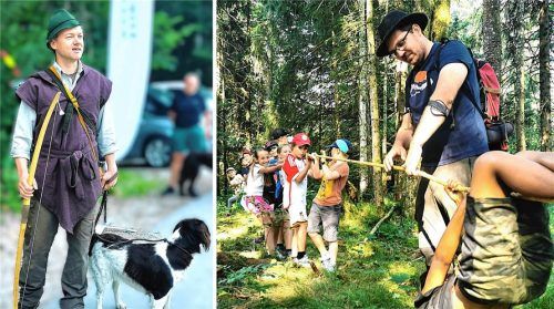 Walderlebnisspiele in der Laubau bei Ruhpolding: Wolfgang Madl vom AELF spielt Robin Hood (links) und für die Drittklässler aus Inzell ist Thomas Ritter (rechts) der Waldpate.Fotos  Langenwalter