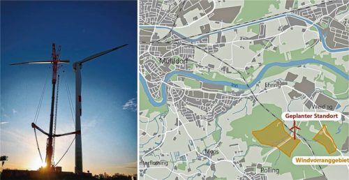 2027 könnte es so weit sein. Dann könnte vor den Toren Mühldorfs in Polling ein fast 300 Meter hohes Windrad entstehen. Die Bauanträge liegen jetzt vor. Foto dpa /GRafik Klinger