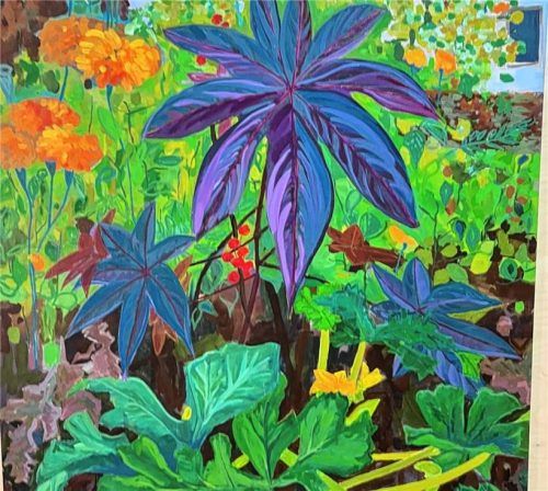 Angela Nabinger: „Rizinus trifft Zucchini“, Acryl auf Leinwand.