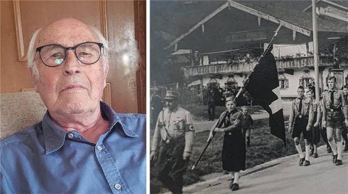 Aufmarsch der Hitlerjugend auf der Ruhpoldinger Hauptstraße vor dem Schuhbeck-Anwesen, heute Ruhpoldinger Hof. Die Aufnahme ist vermutlich 1943 oder 1944 entstanden und wurde von Herbert Ohl (links) archiviert. Foto obk