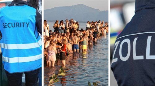 Beim Moments-Festival (Mitte) am Samstag (9. August) kontrollierte der Zoll. Im Fokus: Die Beschäftigungsverhältnisse des Security-Unternehmens. Rechts ein Symbolbild eines Zoll-Mitarbeiters, links ein Symbolbild einer Security-Mitarbeiterin. Foto picture alliance / dpa | Thomas Frey / Benekam / picture alliance/dpa | Julian Stratenschulte
