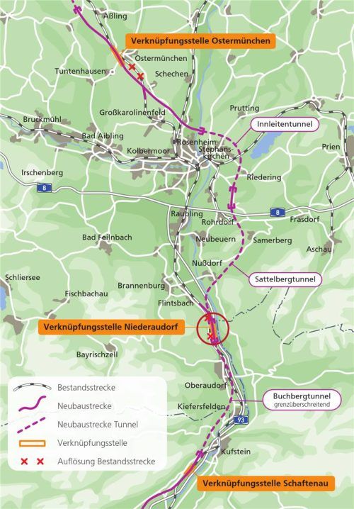 Die Karte macht deutlich, wie nah die neue Verknüpfungsstelle bei Niederaudorf an der bereits bestehenden in Schaftenau im Süden liegen würde. Klinger