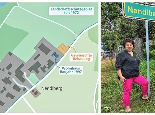 Die Schwestern Brigitte Aiblinger (l.) und Benedikta Hannibal wollen im Norden des Pruttinger Ortsteils bauen. Allerdings liegen die gewünschten Bauplätze im Landschaftsschutzgebiet und im Außenbereich. Foto Blum/Grafik Klinger