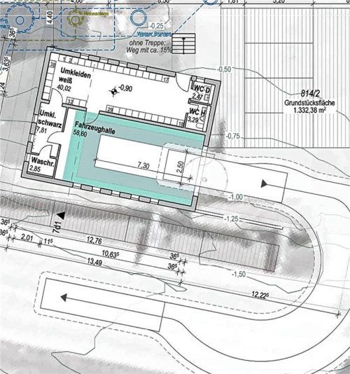 Die Skizze zeigt den Erweiterungsbau für die Feuerwehr Gollenshausen. Eingezeichnet sind auch die Spinde und die Fahrzeughalle.Planungsbüro Strasser