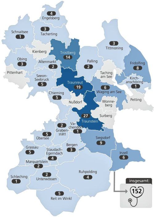 Die Versorgungssituation der Patienten im Landkreis Traunstein. Die Gemeinden Fridolfing und Kirchanschöring sind Teil des Planungsraumes Freilassing. Die Stadt Tittmoning wird hingegen über den Raum Burghausen abgebildet. Foto OVBmedia/Klinger