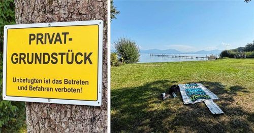 Ein Bad im Chiemsee am Malerwinkel könnte so schön sein, wäre da nicht das Verbotsschild. Ein Mann wehrt sich gegen diese Beschränkung und verweist auf die Bayerische Verfassung. Foto Wildfleck