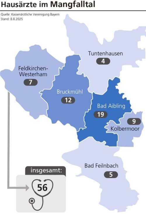 Insgesamt gibt es derzeit 56 Hausärzte in den Mangfalltal-Kommunen Bad Aibling, Kolbermoor, Bruckmühl, Feldkirchen-Westerham, Bad Feilnbach und Tuntenhausen (Stand: 8. August 2025). Klinger