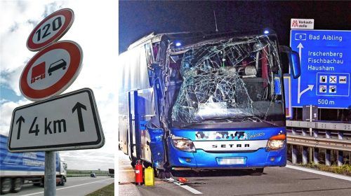 Nach einem Unfall zwischen einem Reisebus und einem Lkw fordern einige Menschen ein Überholverbot für Lastwagen-Fahrer auf der Autobahn A8 am Irschenberg in Richtung München. Foto Collage: picture-alliance/ dpa | Patrick Pleul/Gaulke