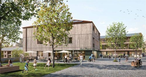 So soll es bald am Niedergartenweg aussehen. Statt einer grünen Wiese entstehen Spielplatz, Arztpraxen und Apotheke. Foto MvB Baukultur
