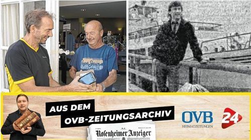 Wie die Zeit vergeht: Woifi Jell (linkes Bild, links), der heutige Chiemsee-Postbote, mit Georg Huber. Bild rechts: Landzusteller Thomas Rupp vor der Schifffahrt nach Frauenchiemsee im Jahr 1985. Foto OVB Media Grafik/ Wochinger / FKN/Repro: Stadtarchiv Rosenheim (Montage)