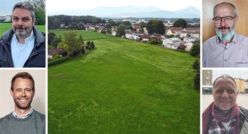 Auf diesem Areal im Nordosten Kolbermoors könnte eine neue Siedlung mit rund 350 Wohneinheiten entstehen. Eine Bürgerinitiative um den Anwohner Dr. Michael Rath (oben links) hat jetzt in Hinblick auf die Planungsprozesse Bauprojektentwickler Dr. Max von Bredow (unten links), Bürgermeister Peter Kloo (oben rechts) und Stadtmarketing-Chef Christian Poitsch wegen etwaiger Datenschutzverstöße beim Landesdatenschutzbeauftragten angezeigt. Fotos Hadersbeck, Weinzierl, re
