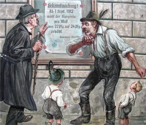 Da kochten Bierdimpfen und Noagalzuzla vor Wut: 1912 drohte Rosenheim ein Bierkrieg. Dieses Wandgemälde in der Kaiserstraße erinnert daran. Foto schlecker