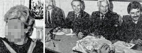 Das Entführungsopfer Helga S. aus Prien (links). Rechts: Ein Bild aus der Ausgabe des Oberbayerischen Volksblatts vom 8. November 1985 zeigt die Pressekonferenz der Polizei, bei der das Lösegeld präsentiert wurde. Fotos OVB/Repro/Stadtarchiv Rosenheim