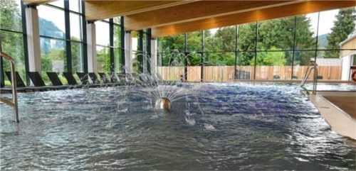 Das große Kombibecken aus Edelstahl ist nicht nur für Schwimmer, sondern auch mit einigen Attraktionen wie Springbrunnen und Sprudel ausgestattet.