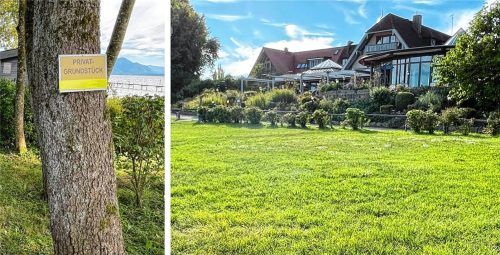 Der Badeplatz am Malerwinkel: Schilder gibt es noch, die Liegewiese des Privatgeländes ist leer. Foto  Nägele