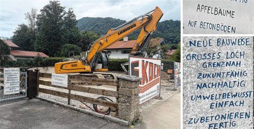 Der Nachbarschaftsstreit in Hohenaschau nimmt kein Ende. Jetzt begleitet der Nachbar die Baustelle mit einer Protestaktion. Fotos re