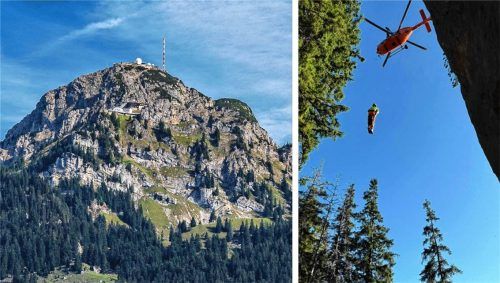 Die Bergretter waren am Breitenstein-Fensterl mit dem Rettungshubschrauber Christoph 14 (rechtes Bild) im Einsatz. Auch am Wendelstein (links) kam es zu Abstürzen von Wanderern. Fotos IMAGO/Bergwacht Leitzachtal