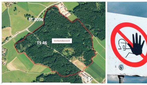 Die TS46 zwischen Nußdorf Sondermoning bis zur Kreuzung der ST2096 ist bis 26. September gesperrt. Grund: der Verdacht auf Munitionsaltlasten. Es besteht ein komplettes Betretungsverbot des Areals. Foto Landratsamt Traunstein/ dpa