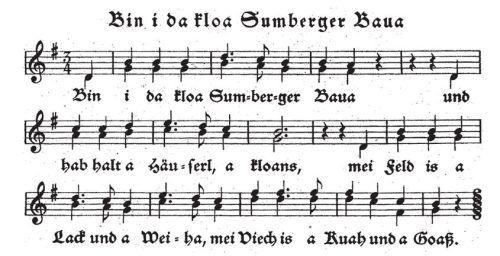 Eine Melodieaufzeichnung in der „Sammlung Oberbayrischer Volkslieder“ (1934) vom Kiem Pauli.EBES-Volksmusik