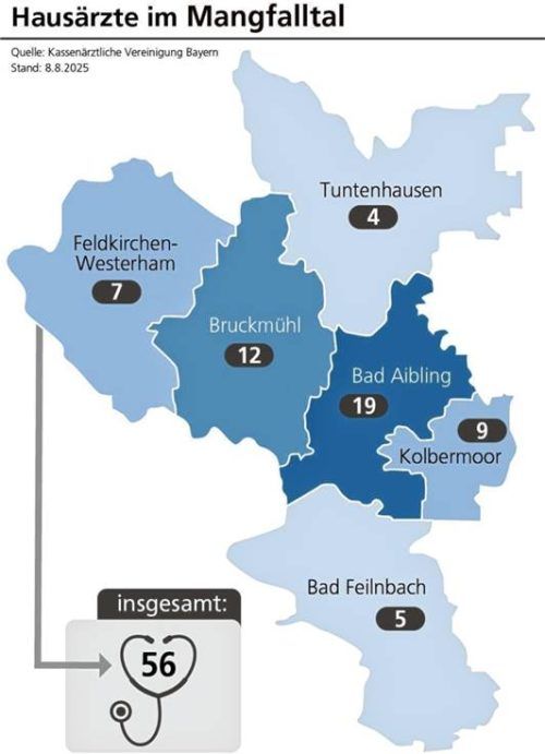 Insgesamt gibt es derzeit 56 Hausärzte in den Mangfalltal-Kommunen Bad Aibling, Kolbermoor, Bruckmühl, Feldkirchen-Westerham, Bad Feilnbach und Tuntenhausen (Stand: 8. August 2025). Klinger