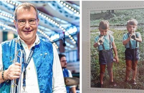 Karl Beinhofer ist seit 25 Jahren musikalischer Leiter der „Karolinenfelder“. Schon als Bub (rechts) faszinierte ihn die Trompete. Foto Privat