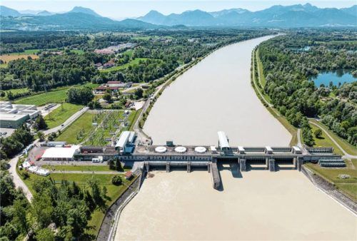 Luftaufnahme Innkraftwerk Rosenheim.Foto Verbund