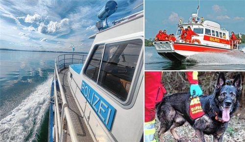 Mit vereinten Kräften wird nach vermissten Personen im Chiemsee gesucht.Fotos Birkhof//DLRG Traunstein/Rettungshundestaffel Bad Aibling