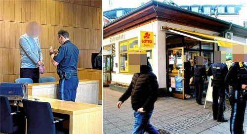 Nachdem er im März 2025 diesen Kiosk am Rosenheimer Salinplatz überfallen und ohne Beute verlassen hatte, machte sich Marcel K. (links) auf zu einem Backshop im Stadtcenter, wo er mehrere Hundert Euro erbeutete. Foto Patricia Huber/Josef Reisner