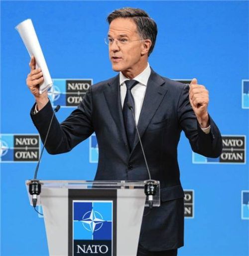 NATO-Generalsekretär Mark Rutte spricht während einer Pressekonferenz im NATO-Hauptquartier. Foto dpa