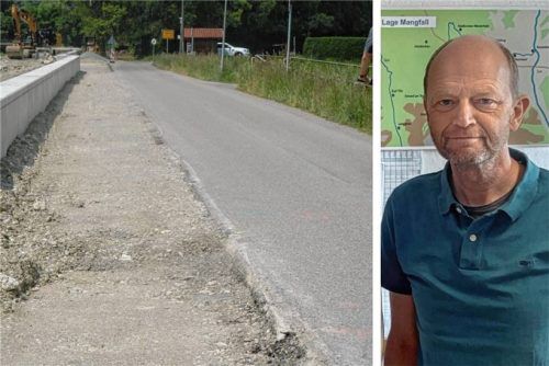 So sah es am Rückhaltebecken Feldolling im Juni 2014 noch aus: Die nicht asphaltierte Stelle war für die geplante Drainageleitung vorgesehen. Daraus wird jetzt nichts mehr, wie Christoph Wiedemann erklärt. Foto Collage:Merk/Wasserwirtschaftsamt Rosenheim